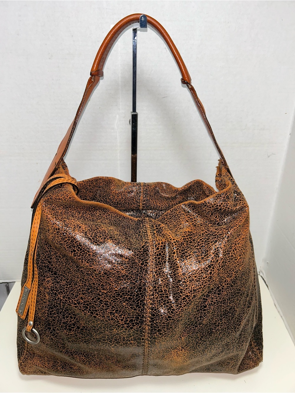 Abro Brown Cognac Distressed Crackled Leather Hobo Shoulder Bag